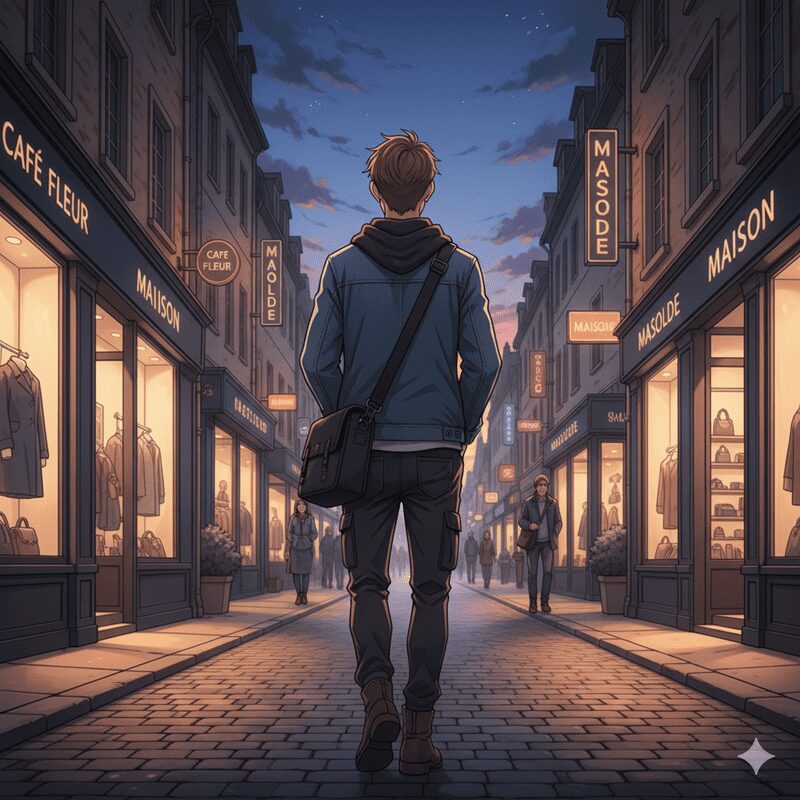 ファッション街を歩く若い男性の後ろ姿のアニメイラスト。