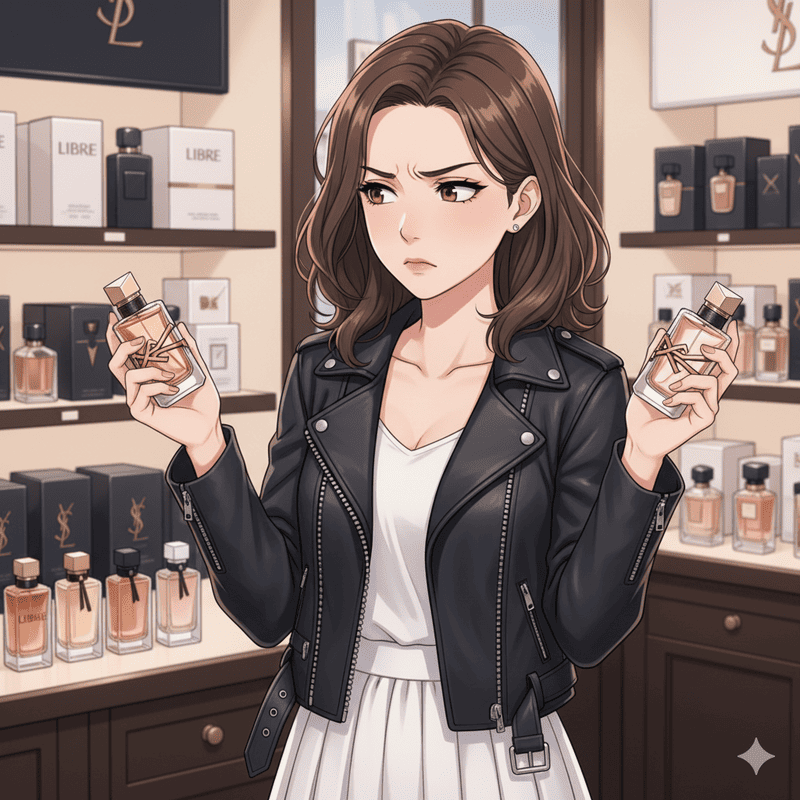 イブサンローランの香水「リブレ」のEDPとローニュ、どちらにするか迷っている若い女性のアニメイラスト。香水店で2つのボトルを手に持ち、困ったような表情をしています。